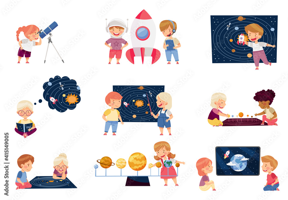 Poster children characters studying space and galaxy examining solar planets and playing with spacecraft ve