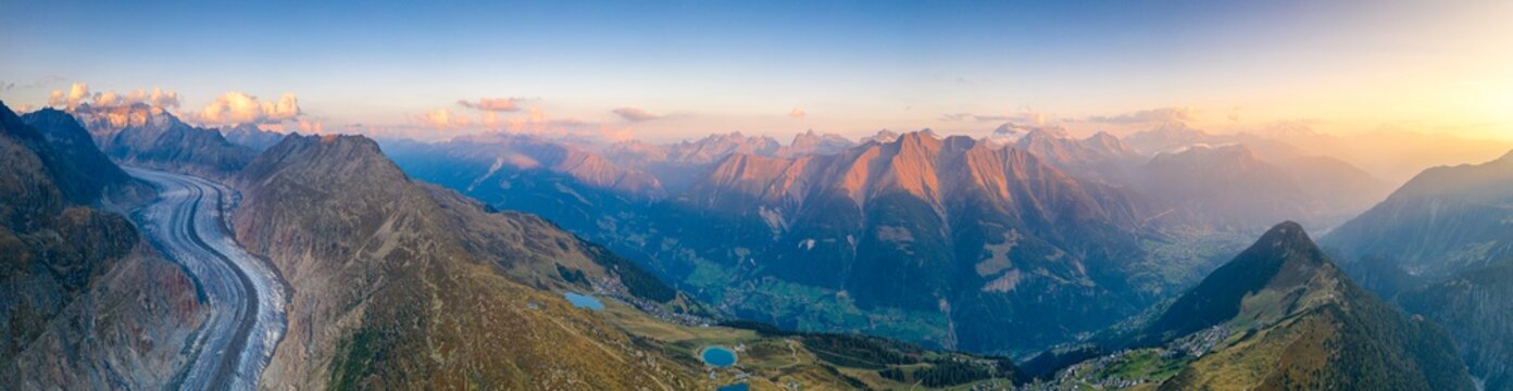 Panoramic of Aletsch Glacier, Bettmeralp and Riederalp at sunset, Bernese Alps, Valais canton