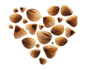 Ripe buckwheat grains in the shape of a heart on a white background