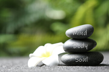 Stones with words Mind, Body, Soul and plumeria flower on sand. Zen lifestyle