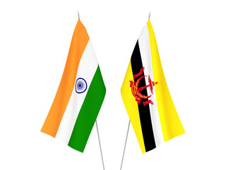 National fabric flags of India and Brunei isolated on white background. 3d rendering illustration.