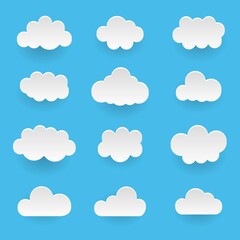 Vector set of white clouds over blue sky