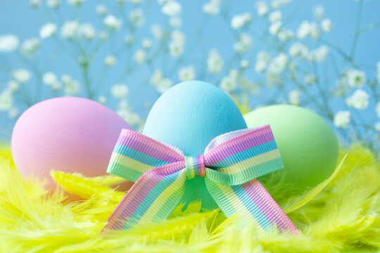 Easter conceptual  postcard  .  Easter  blue  egg   with  ribbon   bow   colors of the rainbow as a flag of gays and lesbians as well as Easter eggs. Homosexual concept