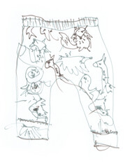 a sketch of children's pants is drawn using colored markers
