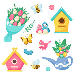 Hello spring. Spring elements: birdhouse, bouquet of flowers, watering can with flowers, bee. Vector illustration
