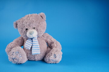 Close up of cute teddy bear. Soft plush toy on blue background.