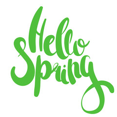 Fototapeta premium Hello Spring hand drawn calligraphy. Lettering in flat style.