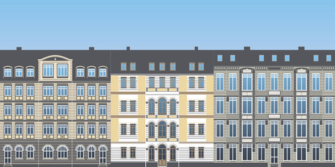 row of urban historical ancient town house facades colored illustration