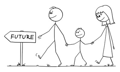 Happy smiling family of man, woman and child is walking on way to future, vector cartoon stick figure or character illustration.