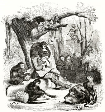 medieval peddler and his monkeys resting cutely under a tree. Ancient grey tone etching style art by Andrew, Best and Leloir, Magasin Pittoresque, 1838