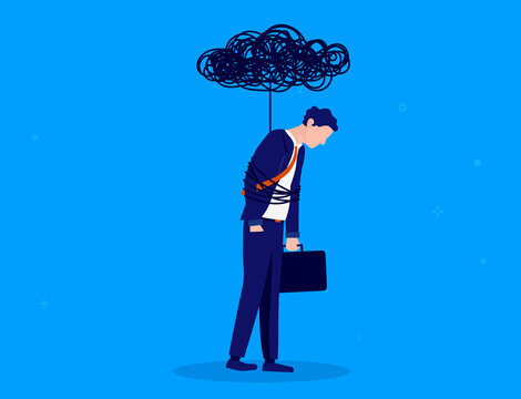 Overworked Man - Businessman Tied Up With Black Cloud. Brain Fog And Depression Concept. Vector Illustration.