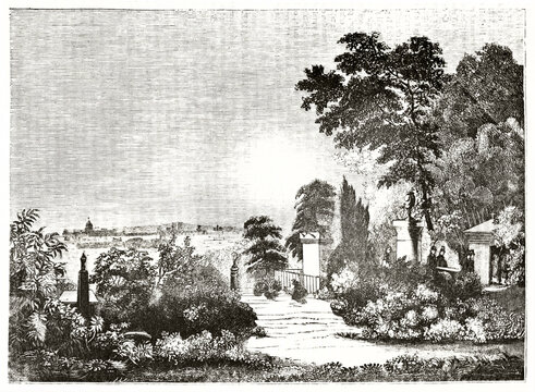 Pere Lachaise cemetery in Paris. Peaceful place surrounded by nature. Ancient grey tone etching style art by unidentified author, Magasin Pittoresque, 1838