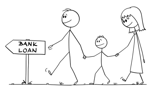 Happy smiling family of man, woman and child is walking for bank loan, financial concept, vector cartoon stick figure or character illustration.