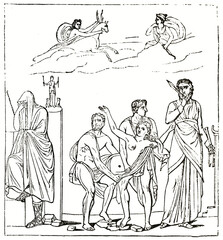 Fototapeta na wymiar painting reproduction found in The House of the Tragic Poet, Pompeii, Italy. Iphigenia's sacrifice. Ancient black and white etching style art by unidentified author, Magasin Pittoresque, 1838