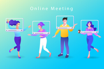 Group video call, virtual window frames. young characters having an online meeting. social distancing. remote team. Online Conference. vector illustration.