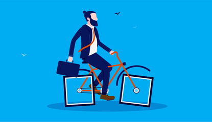 Slow business - Stupid businessman riding bike with rectangular wheels. Inefficient business and humor concept. Vector illustration.