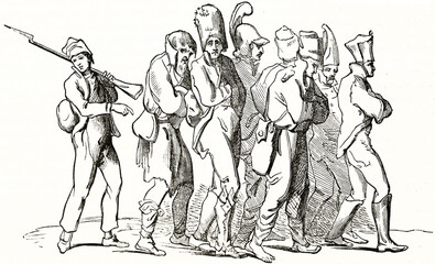 Fototapeta na wymiar French conscript leads seven prisoners to punishment. Ancient black and white minimal etching style art by Denon, isolated elements published on Magasin Pittoresque, 1838