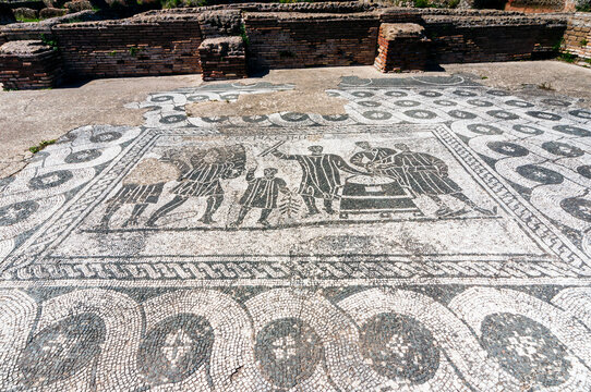 Mosaic, Aula dei misuratori del grano (grain meter room), Ostia Antica archaeological site, Ostia, Rome province
