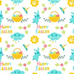 Happy Easter seamless pattern with cloud, dragonfly, bunny, leaves, basket, flower, willow  isolated on white background. Vector flat illustration. Design for textile, wrapping, wallpaper, backdrop