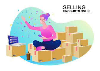 Freelance woman seller check product order. Online Selling. Online Shopping. Vector.