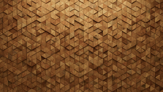 Wood Block Wall background. Mosaic Wallpaper with Light and Dark Timber Triangle tile pattern. 3D Render 