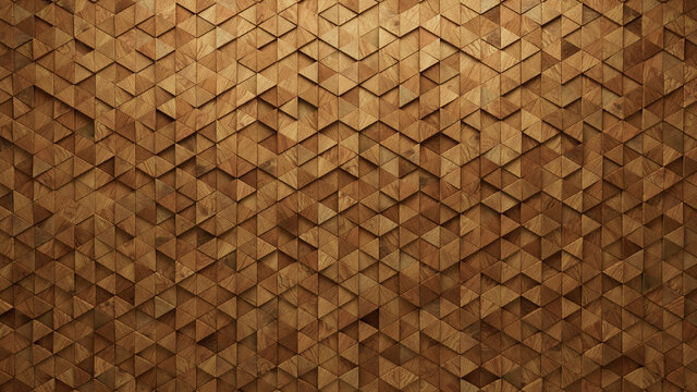 Wood Block Wall background. Mosaic Wallpaper with Light and Dark Timber Triangle tile pattern. 3D Render 