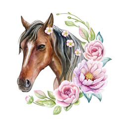 Obraz na płótnie Canvas Brown Horse in floral plant spring frame, circle, wreath with peonies and roses isolated on white background. Portrait, head. Watercolor. Illustration