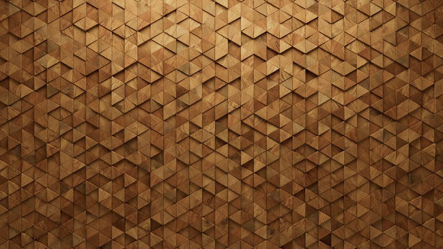 Wood Block Wall background. Mosaic Wallpaper with Light and Dark Timber Triangle tile pattern. 3D Render 