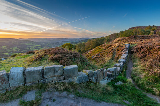 View of over Hathersage Booths from Surprise View at sunset, Millstone Edge, Derbyshire Peak District, Derbyshire