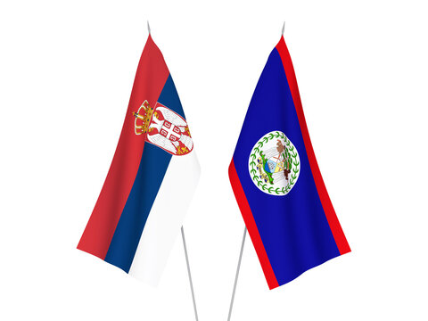 National fabric flags of Serbia and Belize isolated on white background. 3d rendering illustration.