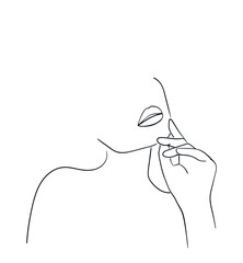 Minimal line art woman with hand on face. Black Lines Drawing. - Vector illustration
