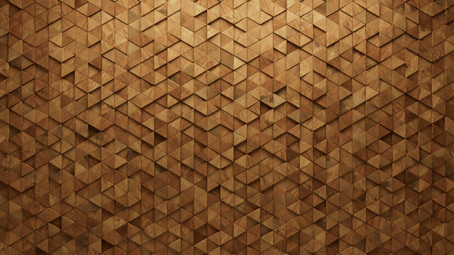Wood Block Wall background. Mosaic Wallpaper with Light and Dark Timber Triangle tile pattern. 3D Render 