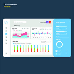 Dashboard design. Power bi template. Graphs, tables and charts. EPS10