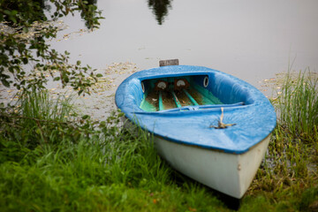 blue boat on the shore of a forest lake, selective focus