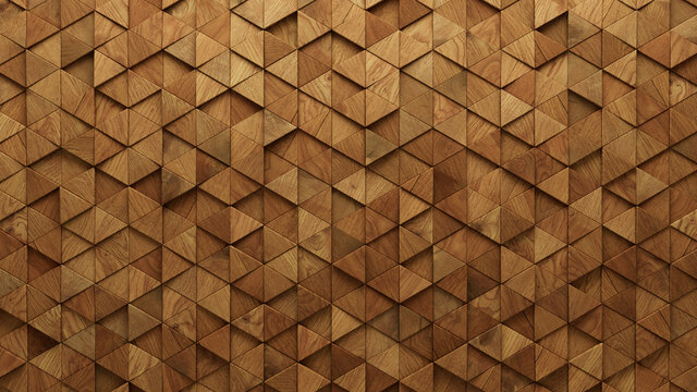 Wood Block Wall background. Mosaic Wallpaper with Light and Dark Timber Triangle tile pattern. 3D Render 