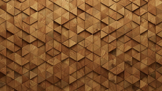 Wood Block Wall background. Mosaic Wallpaper with Light and Dark Timber Triangle tile pattern. 3D Render 