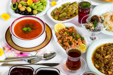 Soup is important element for Ramadan table.Traditional Turkish Ramadan meal with Turkish Foods,above view