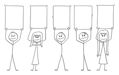 Team, crowd or group of people or businessmen holding empty sign, vector cartoon stick figure or character illustration.