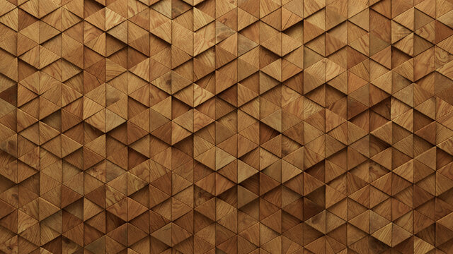 Wood Block Wall background. Mosaic Wallpaper with Light and Dark Timber Triangle tile pattern. 3D Render 