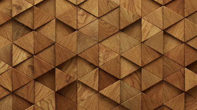 Wood Block Wall background. Mosaic Wallpaper with Light and Dark Timber Triangle tile pattern. 3D Render 
