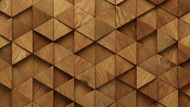 Wood Block Wall background. Mosaic Wallpaper with Light and Dark Timber Triangle tile pattern. 3D Render 