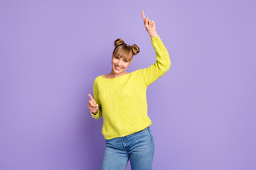 Portrait of charming cheerful girl dancing having fun amusement isolated over pastel violet color background