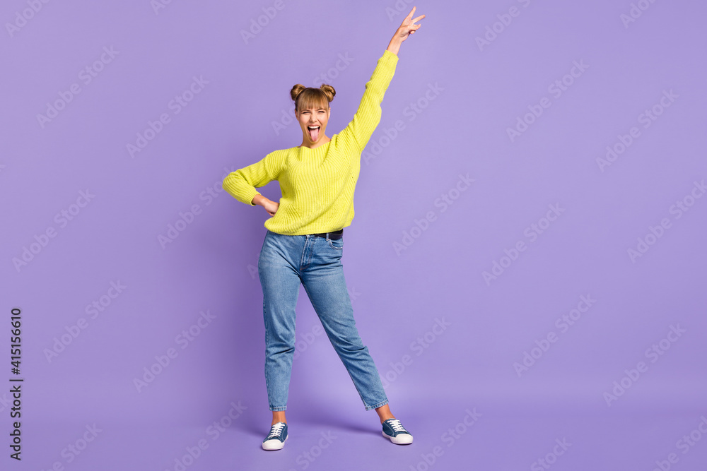 Canvas Prints full length body size view of lovely cheerful girl having fun grimacing showing v-sign isolated over