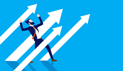 Business upwards growth - Businessman standing with raised hands and arrows pointing up. Vector illustration.