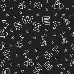 Seamless vector pattern of outline cartoon simple bees, hearts, Sweet letters text. Dark gray background, white elements are isolated separately. Chalk blackboard monochrome effect.