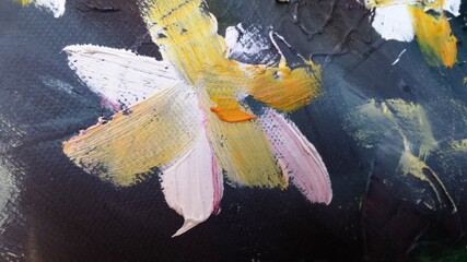 Yellow - white flower. Close photo from acrylic painting on black background.