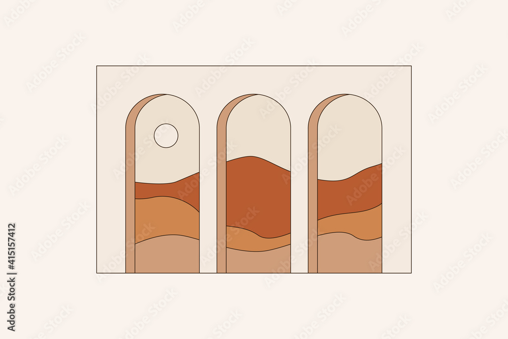 Poster Vector illustration in simple line style - boho abstract print - simple natural landscape with mountains and hills