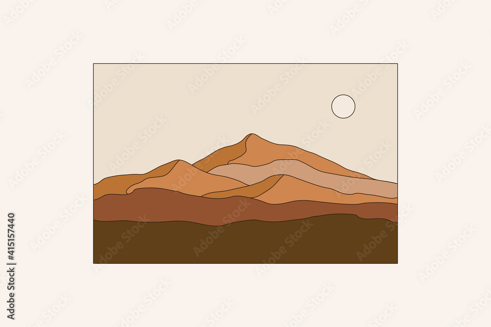 Aufkleber Vector illustration in simple line style - boho abstract print - simple natural landscape with mountains and hills