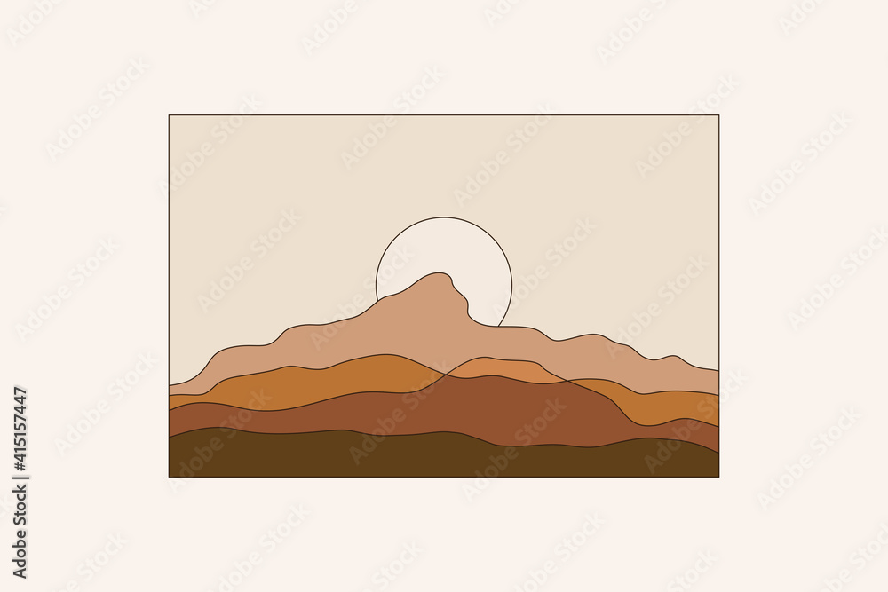 Aufkleber Vector illustration in simple line style - boho abstract print - simple natural landscape with mountains and hills