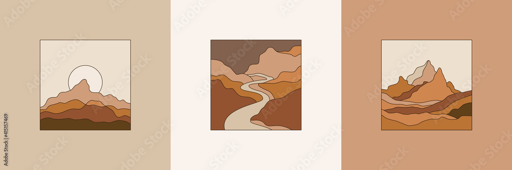 Poster Vector illustration in simple line style - boho abstract print - simple natural landscape with mountains and hills